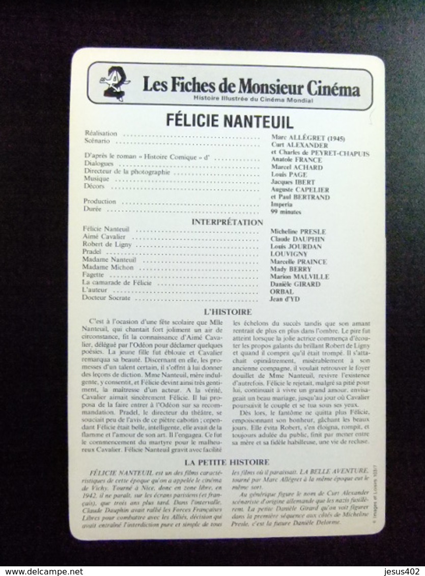 LES FICHES DE MONSIEUR CINEMA - 1945 - FELICIE NANTEUIL Comedie Dramatique,avec MICHELINE PRESLE - Publicidad