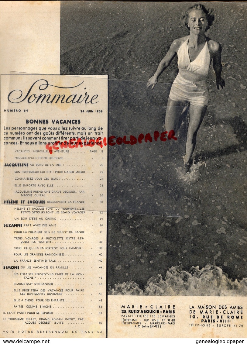 MARIE CLAIRE- REVUE MODE N° 69- 24 JUIN 1938-NIVEA-MER-PEUGEOT 402 DECAPOTABLE-ABBE SOURY-DIADERMINE--KESTOS- - Moda