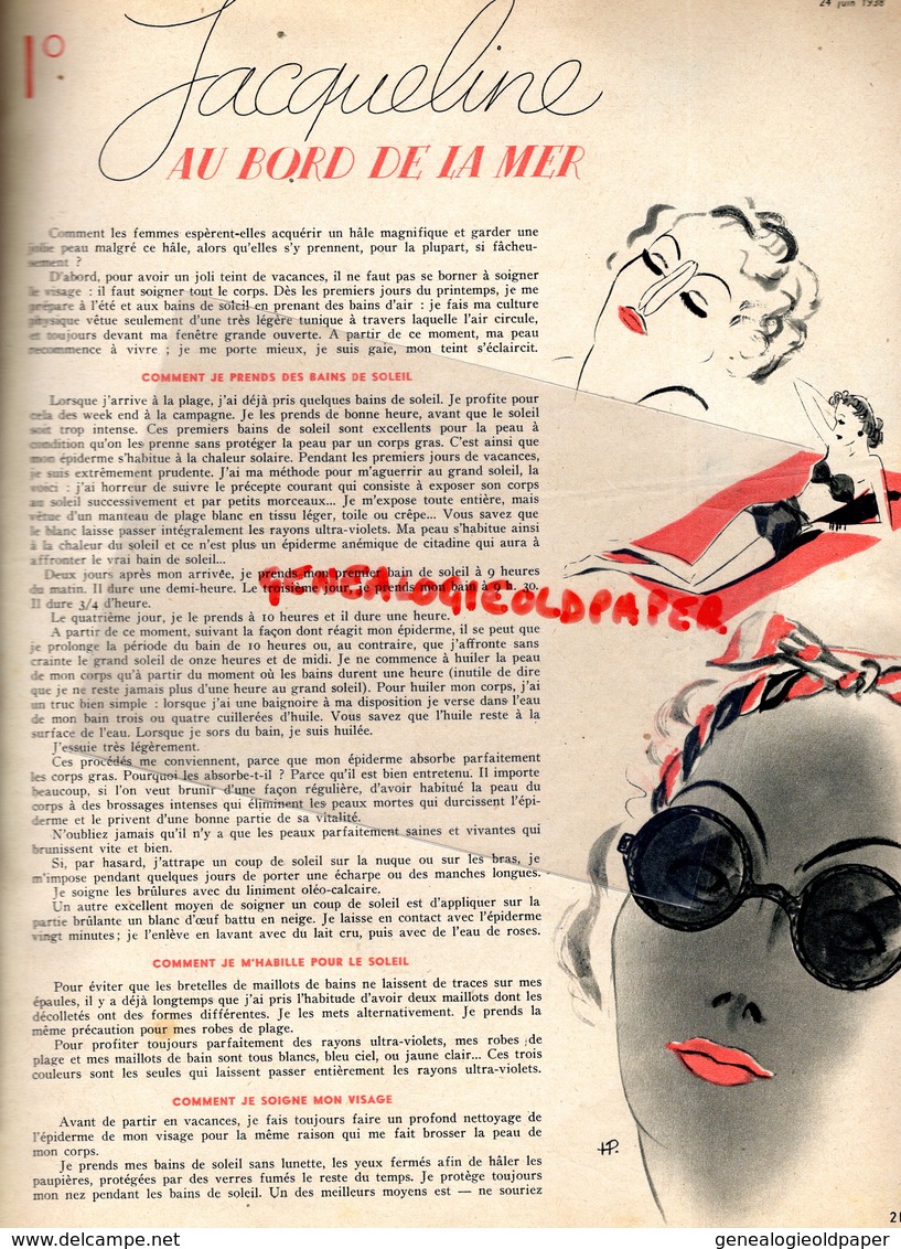 MARIE CLAIRE- REVUE MODE N° 69- 24 JUIN 1938-NIVEA-MER-PEUGEOT 402 DECAPOTABLE-ABBE SOURY-DIADERMINE--KESTOS-