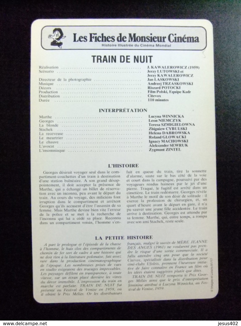 LES FICHES DE MONSIEUR CINEMA - 1959 - TRAIN DE NUIT Drame - Publicidad