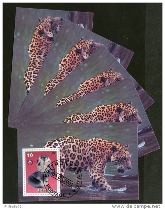Eritrea 2001 Leopard Panther Snake Wild Life Animals Fauna M/s Cancelled X 5 # 3096 - Snakes