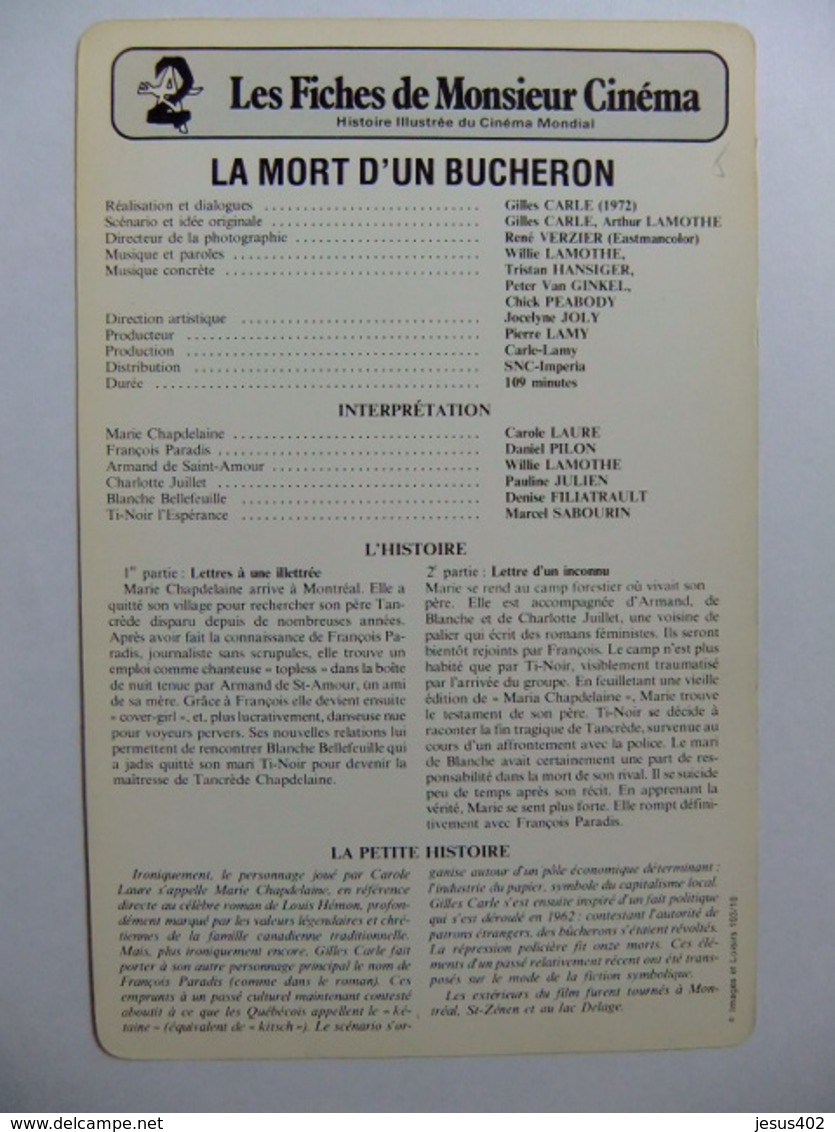 LES FICHES DE MONSIEUR CINEMA - 1972 Canada - LA MORT D'UN BUCHERON Drame - Publicidad