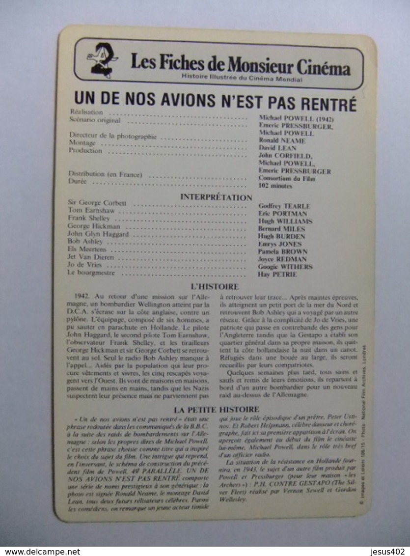 LES FICHES DE MONSIEUR CINEMA 1942 Reine Uni UN DE NOS AVIONS N'EST PAS RENTRE Aventures Michael Powell - Publicidad