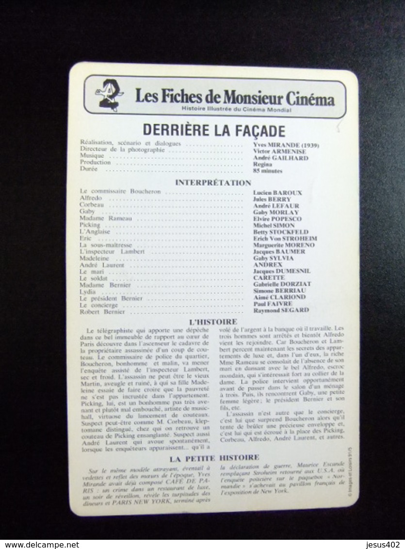 LES FICHES DE MONSIEUR CINEMA - 1939 France - DERRIERE LA FAÇADE Policer - Yves Mirande - Publicidad