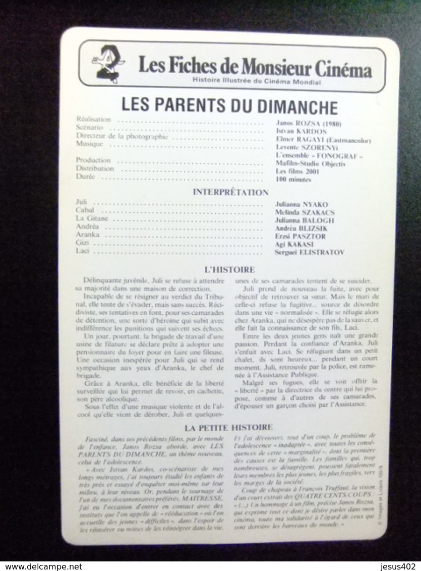 LES FICHES DE MONSIEUR CINEMA 1980 Hongrie LES PARENTS DU DIMANCHE Drame Janos Rozsa - Publicidad