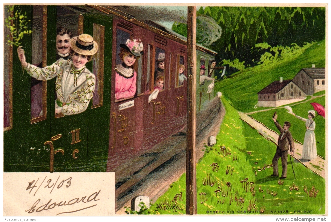 Eisenbahn, Zug, Reisende, Landschaft, Sign. Mailick, 1903 - Mailick, Alfred