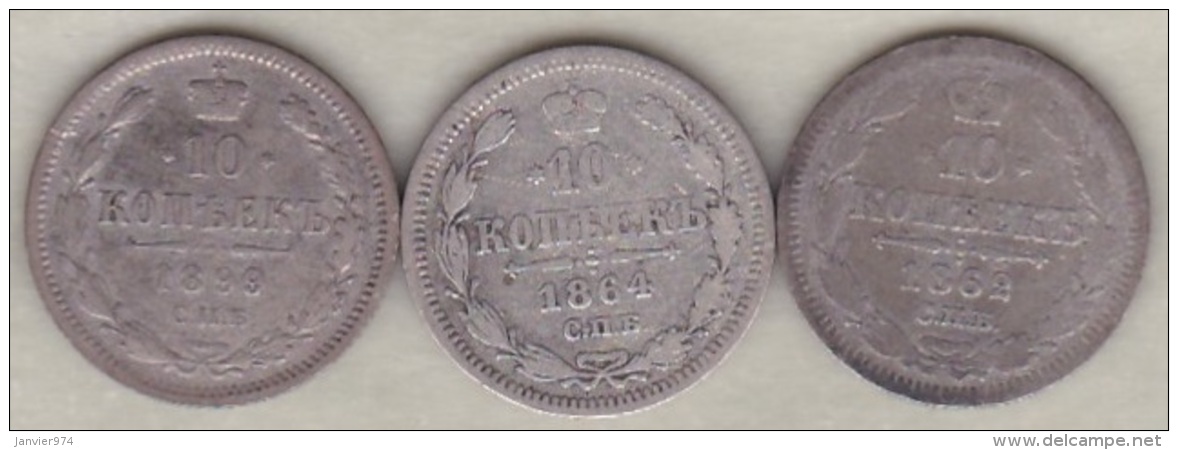 Russie . 3 Pièces De 10 Kopeks 1862, 1864 Et 1899 . Argent. - Russie