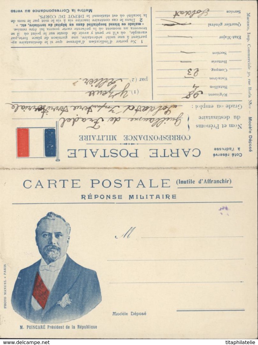 CP Réponse Militaire Carte En Franchise FM Mr Poincaré Président République Guerre 14 Drapeau Français Marasco Nice - Lettres & Documents