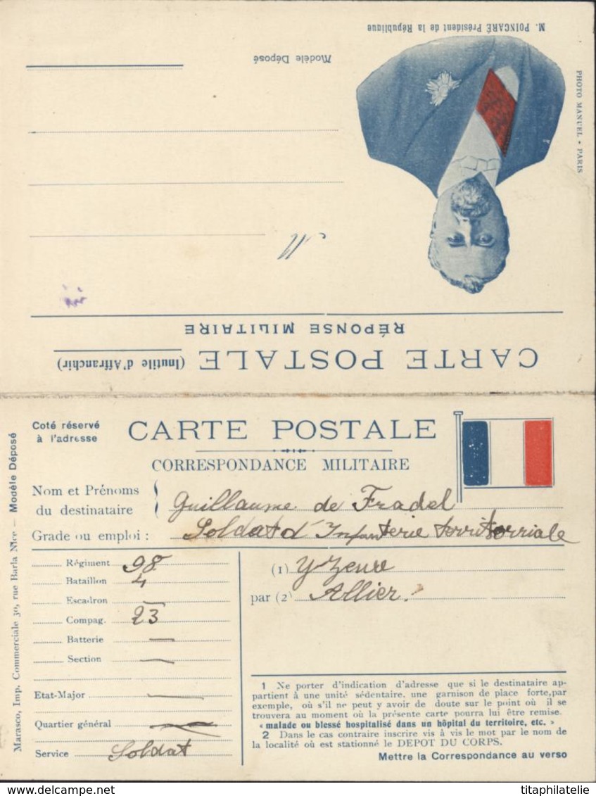 CP Réponse Militaire Carte En Franchise FM Mr Poincaré Président République Guerre 14 Drapeau Français Marasco Nice - Lettres & Documents