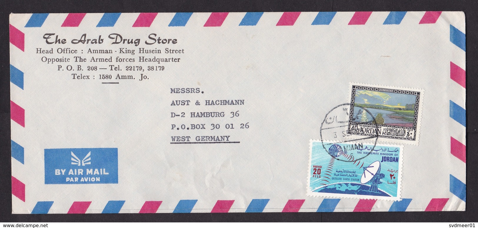 Jordan: Airmail Cover To Germany, 1975, 2 Stamps, Satellite Earth Station, Space Communication, Dead Sea (minor Crease) - Jordanië