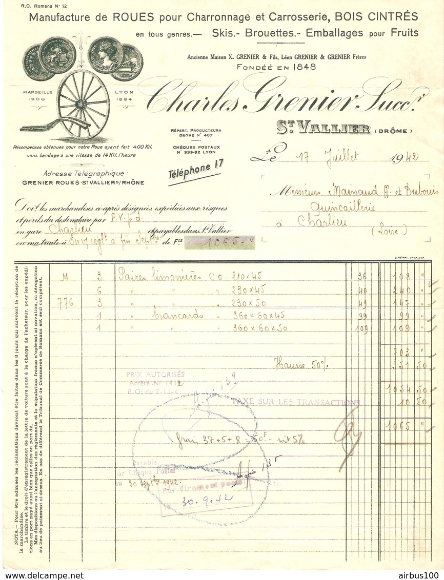 FACTURE 1942 CHARLES GRENIER SAINT VALLIER DROME MANUFACTURE DE ROUES CARROSSERIE SKI BROUETTE - Autres & Non Classés