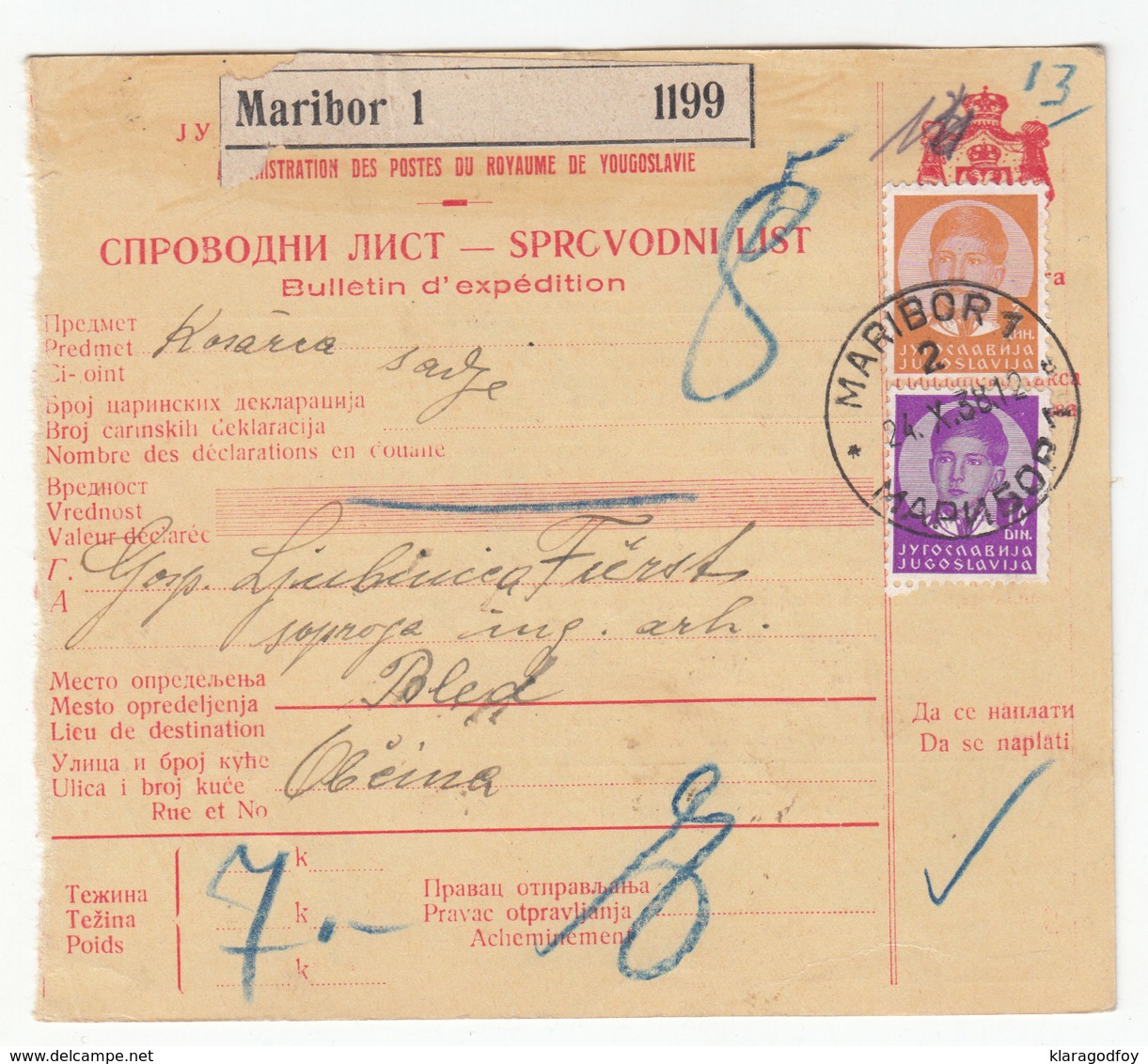 Yugoslavia, Sprovodni List Parcel Card Travelled 1938 Maribor To Bled B180425 - Slovenia