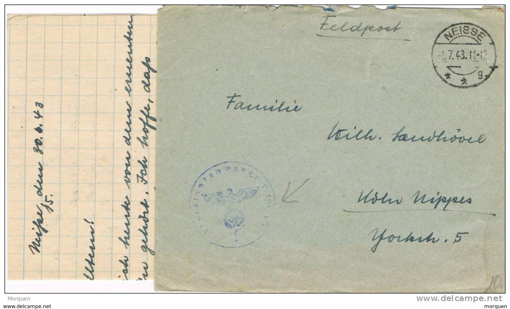 28408. Carta Feldpost NEISSE (Alemania Reich) 1943. Militar Post - Cartas & Documentos