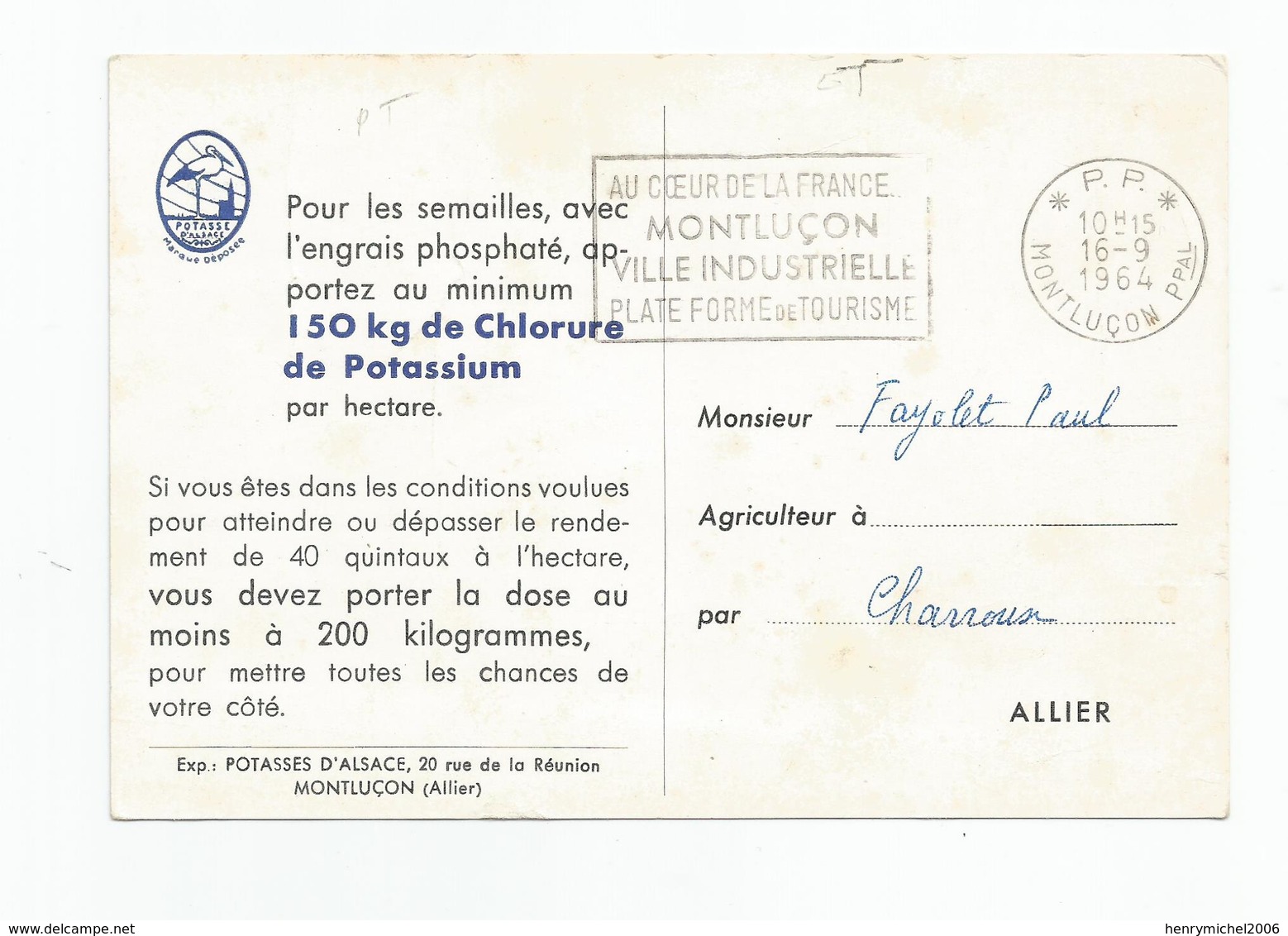 Pub Publicié Potasses D'alsace Me Montluçon 03 Allier Port Payé 1964 - Pubblicitari