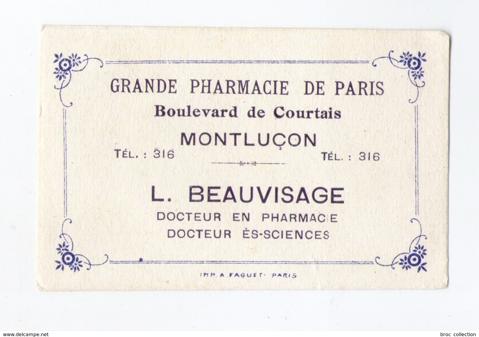 Parfums Coryse, Paris, Carte Parfumée, Montluçon, Grande Pharmacie De Paris L. Beauvisage - Profumeria Antica (fino Al 1960)