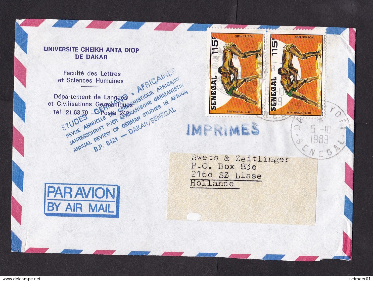 Senegal: Cover To Netherlands, 1989, 2 Stamps, Fighting Sports, Wrestling, Fight, Rare Real Use (traces Of Use) - Senegal (1960-...)