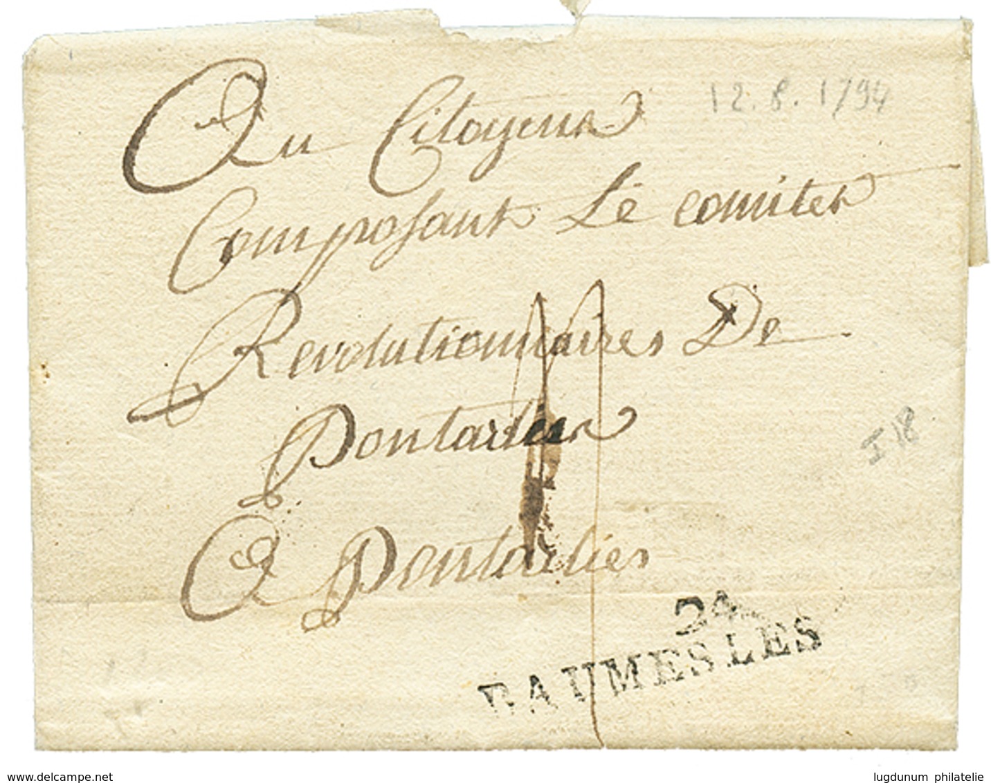 8 "BAUME LES DAMES" : An 2 24 BAUMES LES Sur Lettre Avec Texte Daté "LAUMONT". TTB. - 1801-1848: Précurseurs XIX