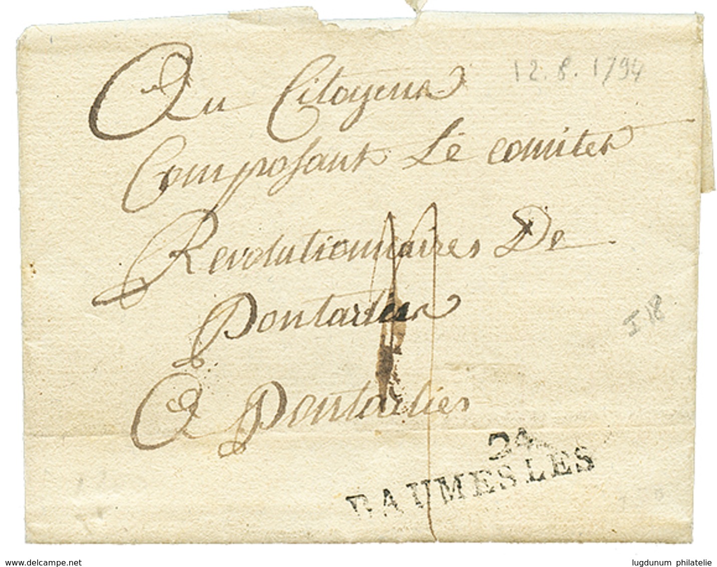 8 "BAUME LES DAMES" : An 2 24 BAUMES LES Sur Lettre Avec Texte Daté "LAUMONT". TTB. - 1801-1848: Vorläufer XIX