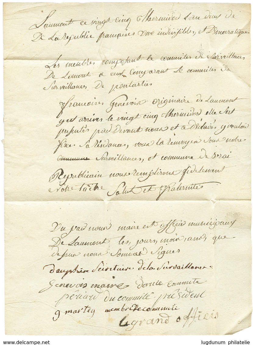8 "BAUME LES DAMES" : An 2 24 BAUMES LES Sur Lettre Avec Texte Daté "LAUMONT". TTB. - 1801-1848: Voorlopers XIX