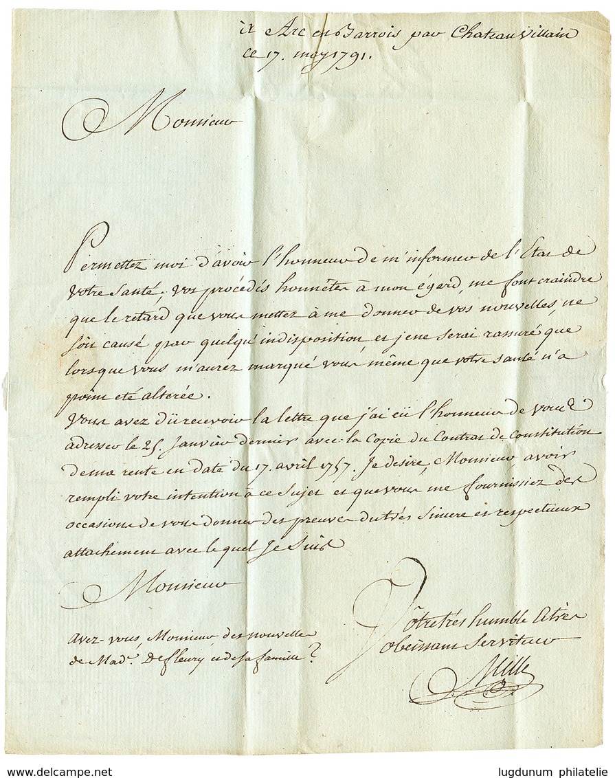 13 "CHATEAU VILLAIN" : 1791 "CHATEAU VILLAIN" Manuscrit Sur Lettre Avec Texte "ARC EN BARROIS". TTB. - 1801-1848: Precursors XIX