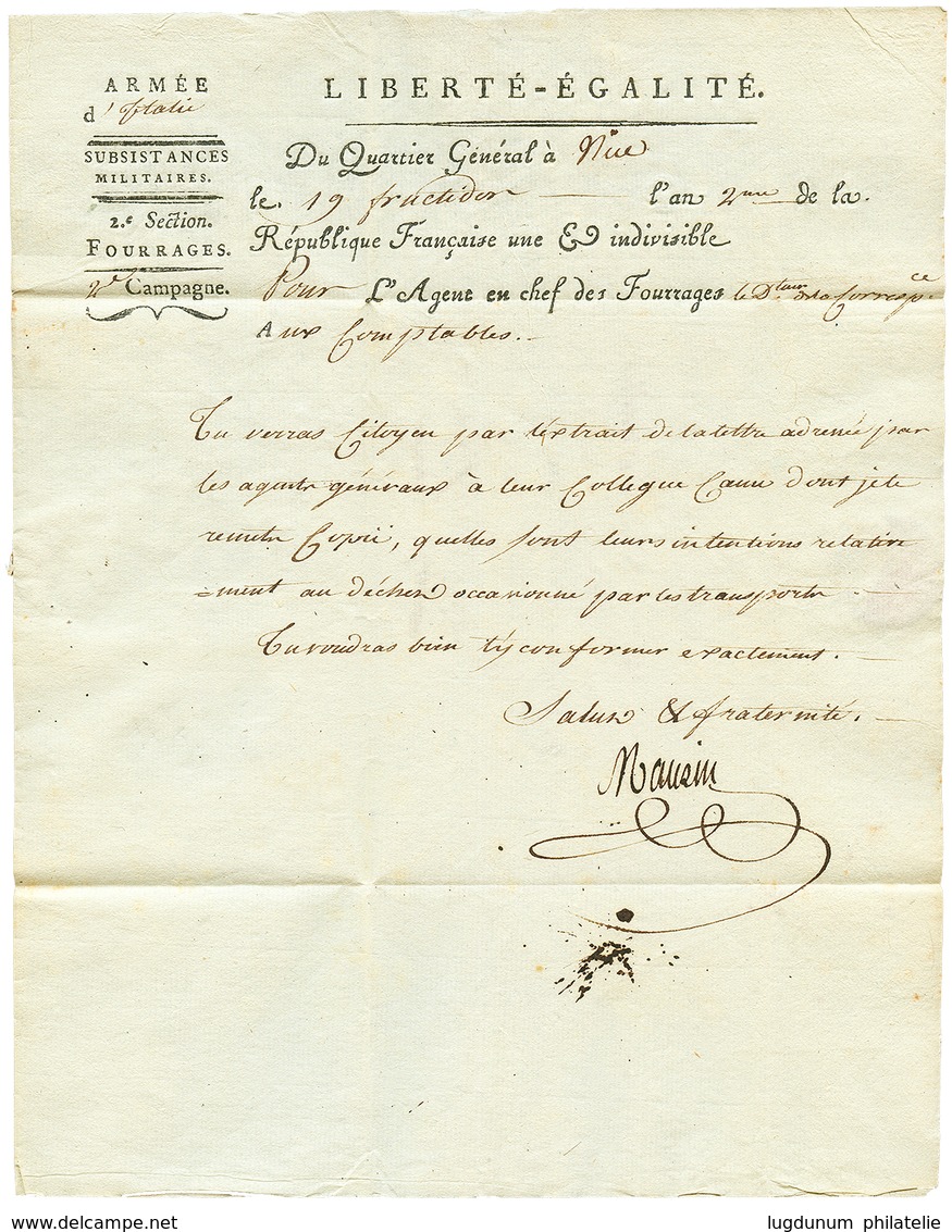 29 "TOULON" : 1794 ARMEE D' ITALIE Sur Lettre Avec Texte De NICE Pour BAUSSET. Verso, 78 PORT DE LA MONTAGNE. TB. - 1801-1848: Vorläufer XIX