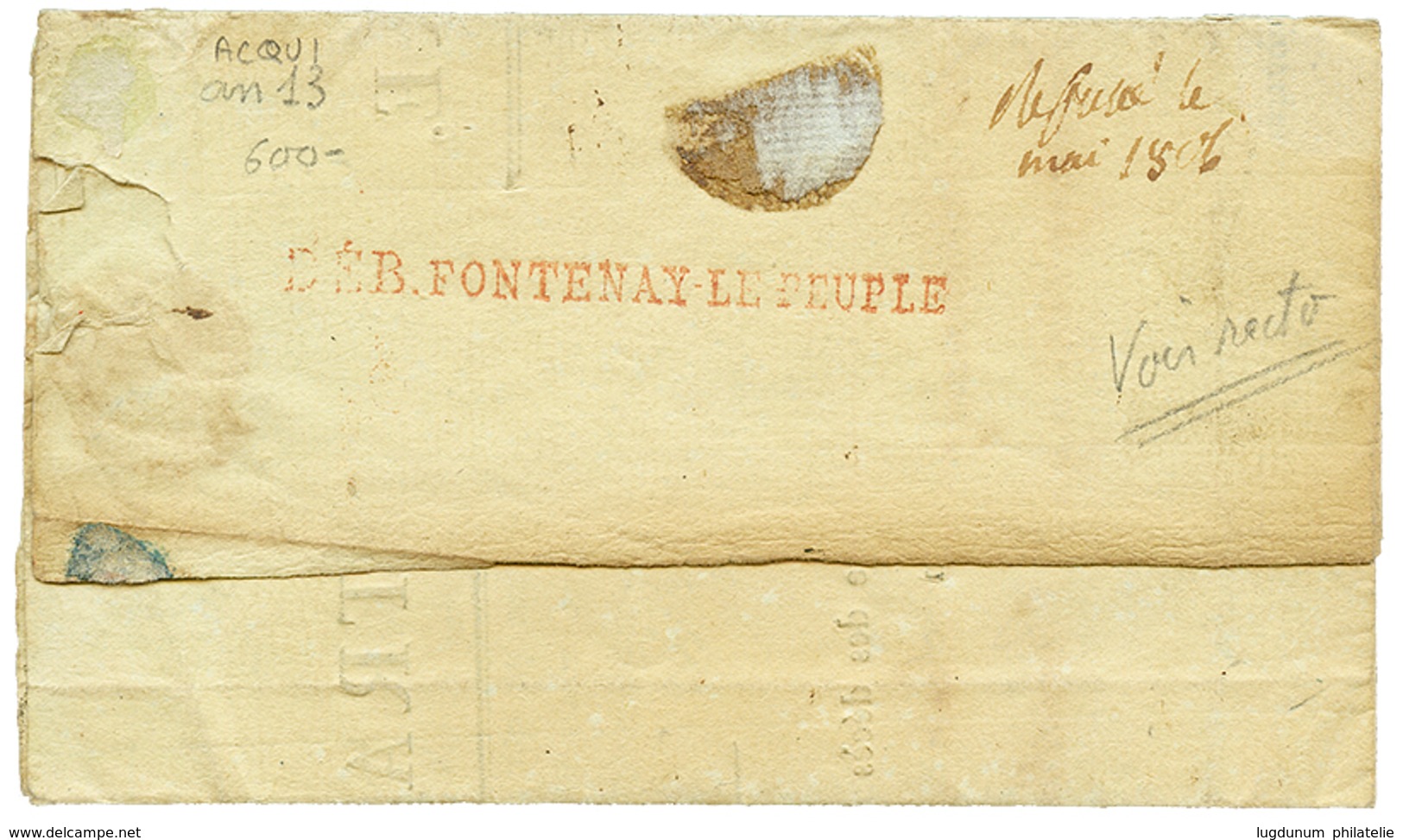 30 "FONTENAY LE COMTE" : An 13 DEB. FONTENAY LE PEUPLE Rouge + N°11 ARM. D' ITALIE Sur Lettre D' "ACQUI". TTB. - 1801-1848: Voorlopers XIX