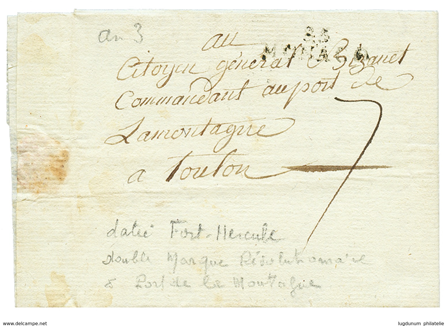 32 "MONACO" : An 3 85 MONACO Sur Lettre Avec Texte Daté "FORT HERCULE" Pour PORT DE LA MONTAGNE. TB. - 1801-1848: Voorlopers XIX
