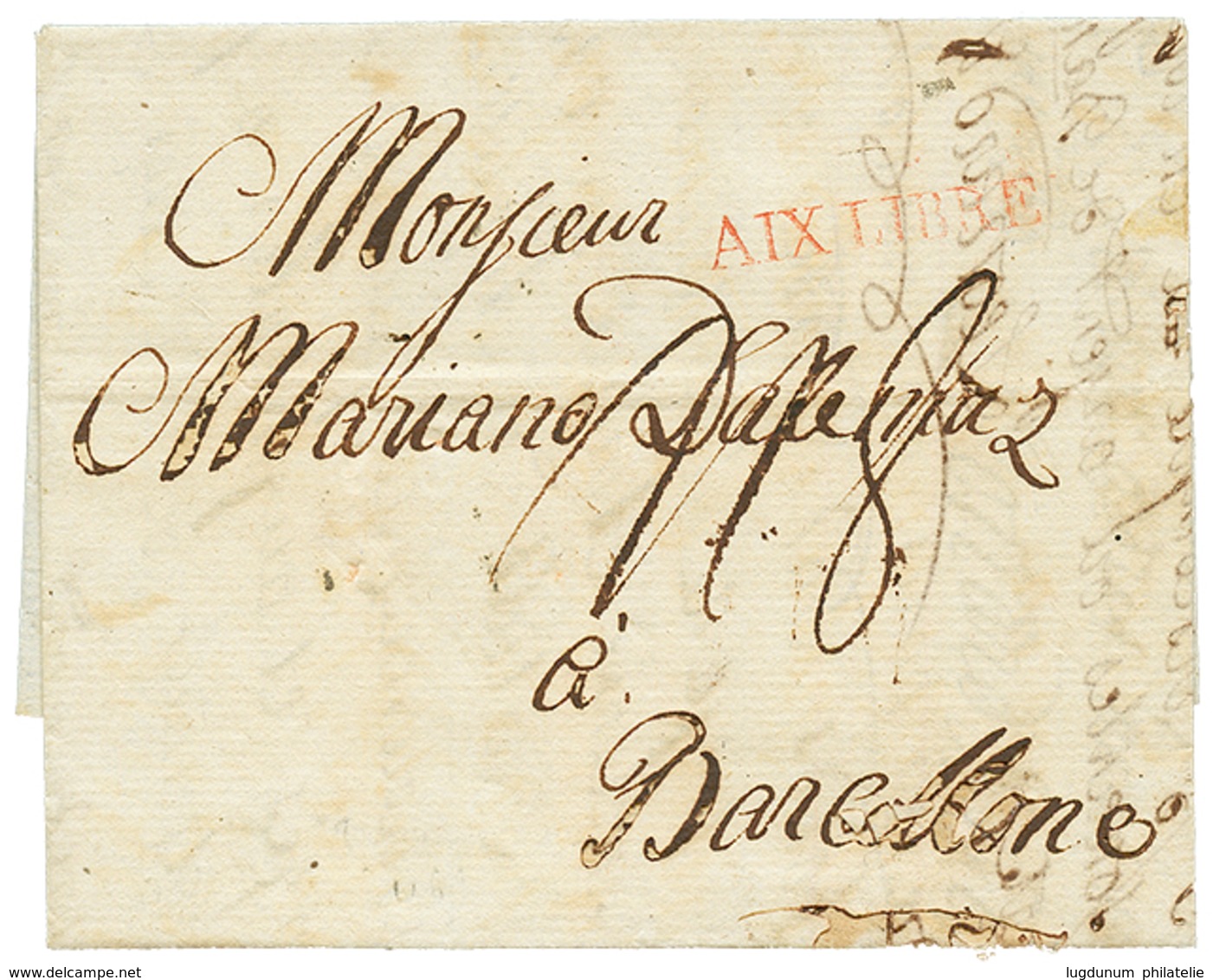 34 "AIX LA CHAPELLE - ALLEMAGNE" : 1796 AIX LIBRE Rouge Sur Lettre Pour BARCELONE (ESPAGNE). Rare. TB. - 1801-1848: Voorlopers XIX