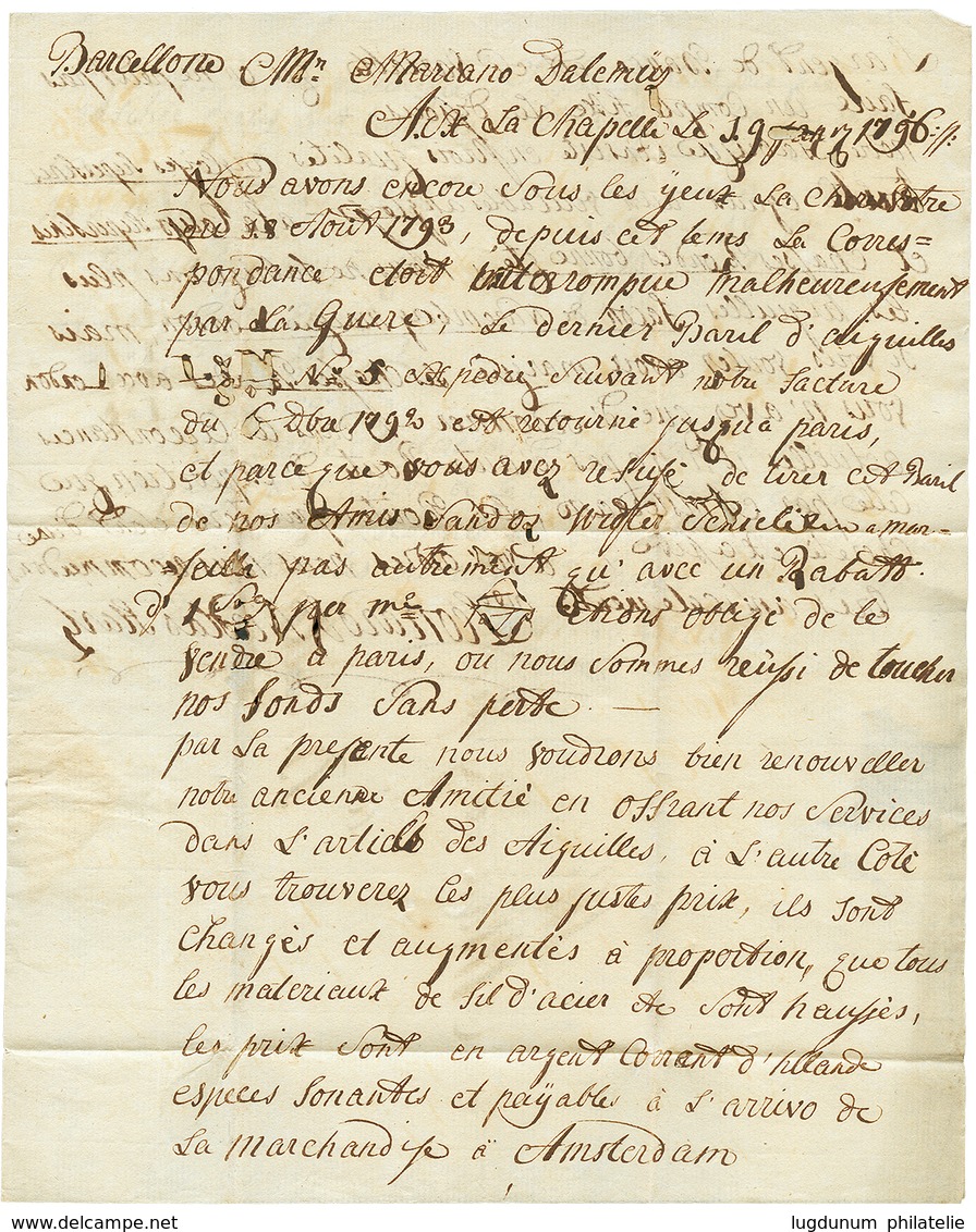 34 "AIX LA CHAPELLE - ALLEMAGNE" : 1796 AIX LIBRE Rouge Sur Lettre Pour BARCELONE (ESPAGNE). Rare. TB. - 1801-1848: Vorläufer XIX