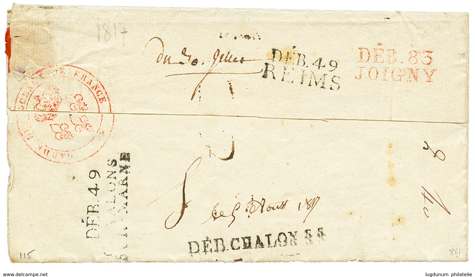 35 1817 Quadruple DEBOURSES Au Verso D'une Lettre De PARIS. DEB. CHALON S.S + DEB 49 CHALONS SUR MARBE + DEB 49 REIMS +  - 1801-1848: Précurseurs XIX