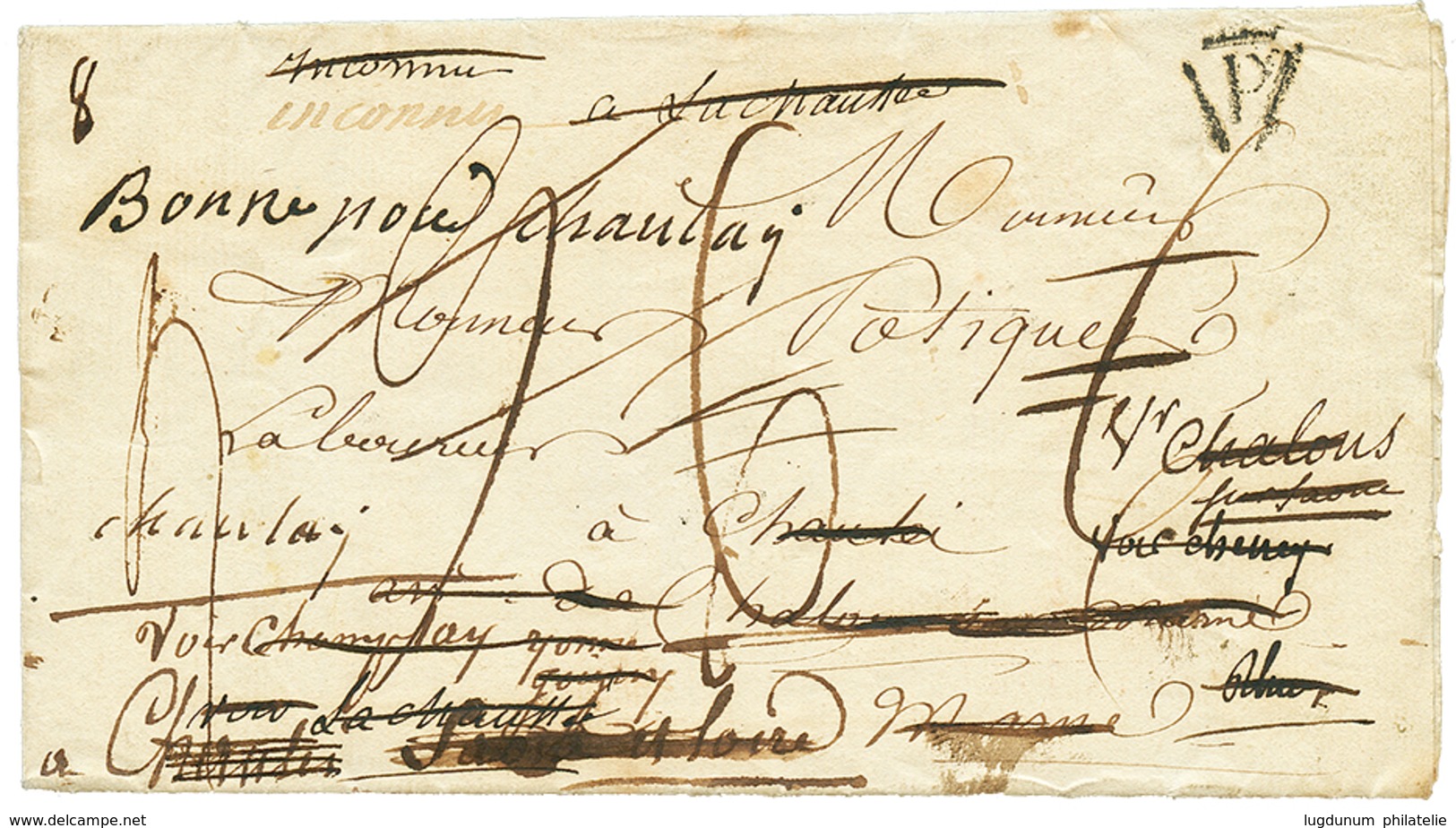 35 1817 Quadruple DEBOURSES Au Verso D'une Lettre De PARIS. DEB. CHALON S.S + DEB 49 CHALONS SUR MARBE + DEB 49 REIMS +  - 1801-1848: Précurseurs XIX