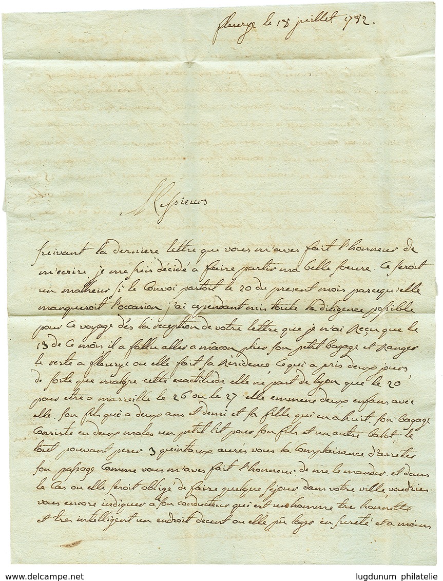 38 1782 PORT PAYE Orné De LYON + P.PAYE DE MACON Sur Lettre Avec Texte Daté "FLEURIJE" Pour MARSEILLE. Association Rare. - 1801-1848: Voorlopers XIX