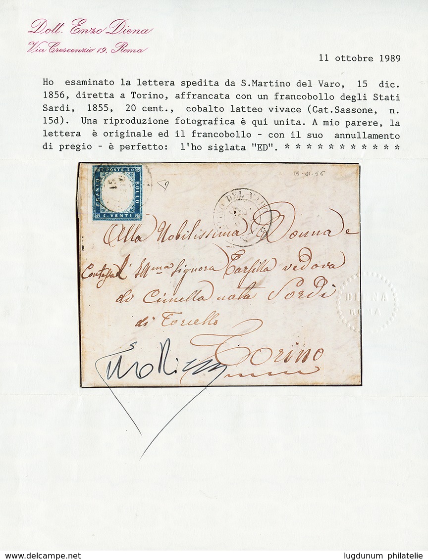 40 "S. MARTINO DEL VARO - ST MARTIN DU VAR" : 1856 SARDAIGNE 20c(n°15d) Obl. S.MARTINO DEL VARO Sur Lettre Pour TORINO.  - Sardaigne