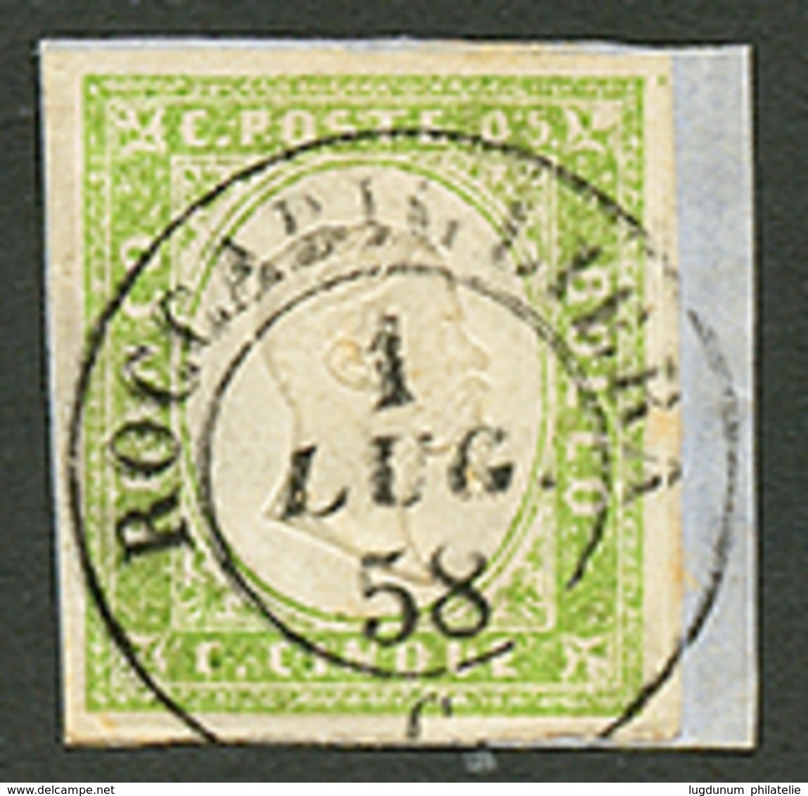 41 "ROCCABIGLIERA - ROQUEBILLIERE" : SARDAIGNE 5c Vert Obl. Cachet Rarissime ROCCABIGLIERA C. Sur Fragment. Signé BOLAFF - Sardaigne