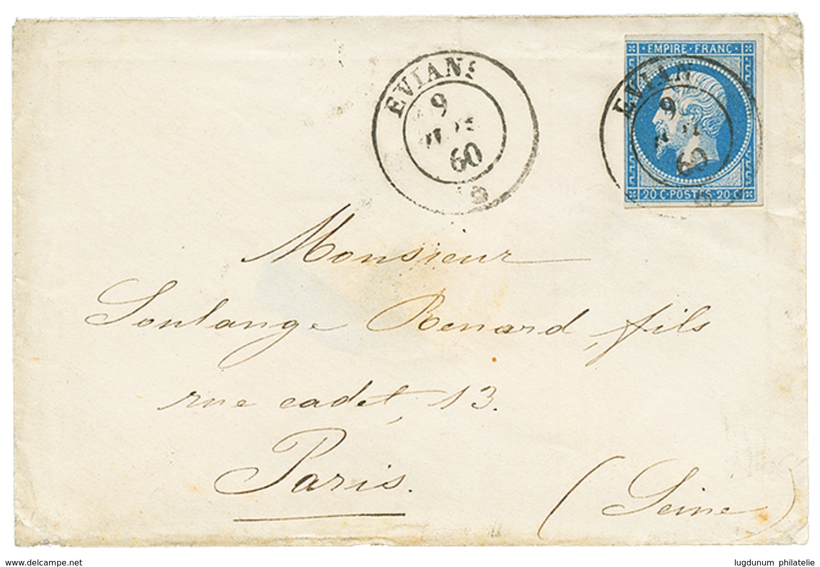 47 1860 FRANCE 20c(n°14) Filet Effleuré à Gauche Obl. Cachet Sarde EVIAN Sur Env. Pour PARIS. TB. - Vide