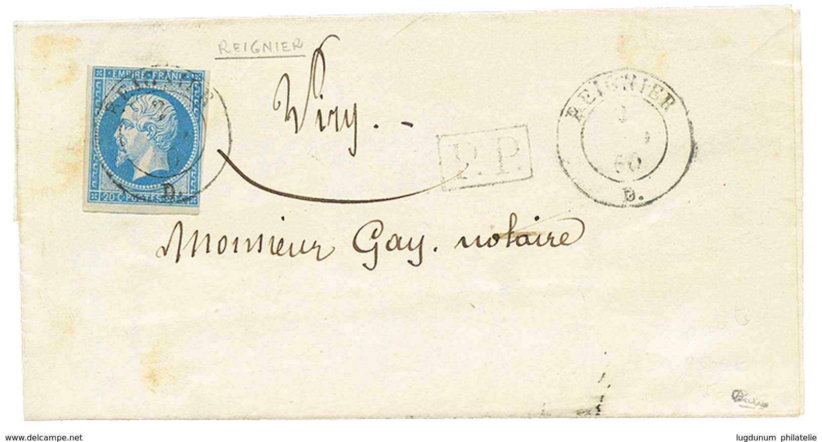 48 1860 20c(n°14) Obl. Cachet Sarde REIGNIER Squr Lettre Avec Texte Pour WIRY. RARE. Igné CALVES. TB. - Vide