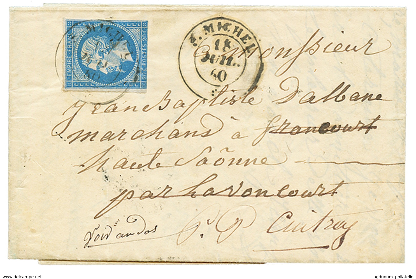 51 "ST MICHEL" : 1860 FRANCE 20c(pd) Obl. Cachet Sarde S.MICHEL Sur Lettre Avec Texte Daté "VALLOIRE". Rare. TB. - Vide