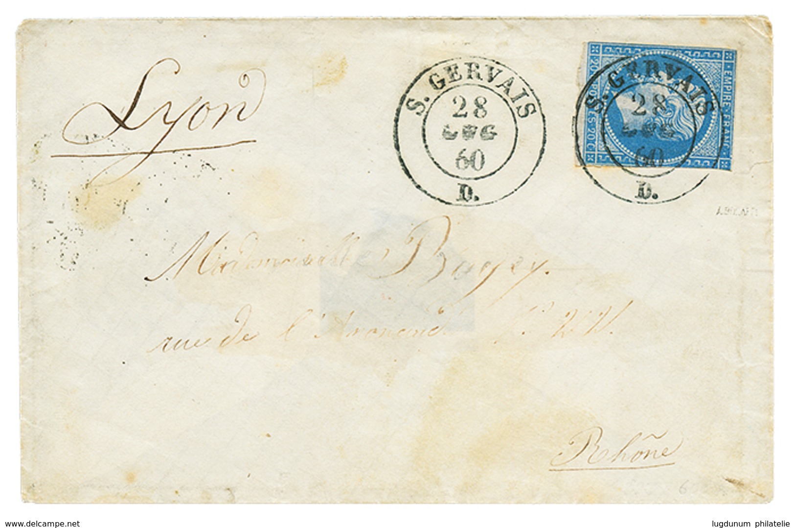 52 1860 20c(n°14) Pd Obl. Cachet Sarde S.GERVAIS Sur Enveloppe Pour LYON. RARE. Cote 3000€. Signé BOLAFFI. TTB. - Vide