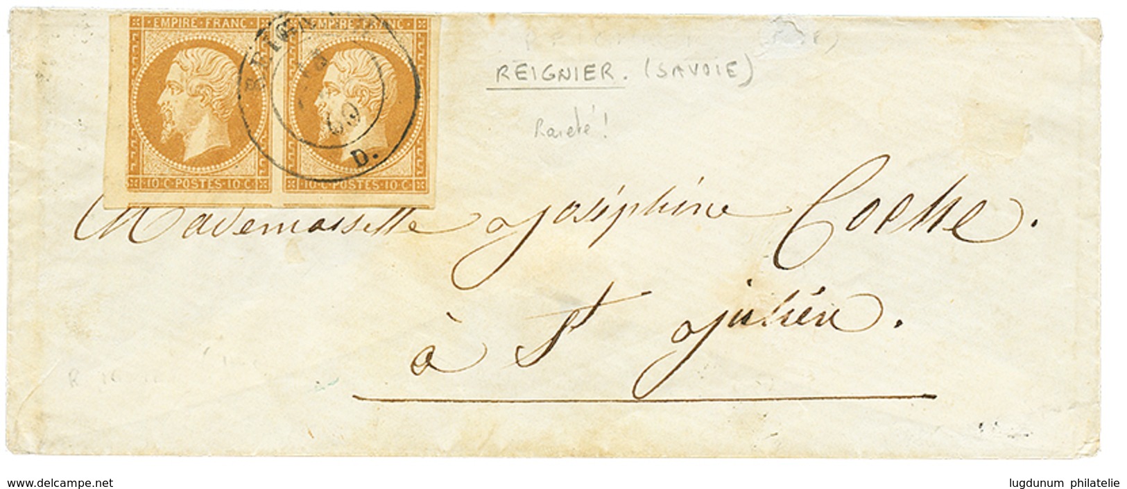 53 SAVOIE : 1860 FRANCE Paire 10c(n°13) Obl. Cachet Sarde REIGNIER Sur Env. Pour ST JULIEN. RARE. TB. - Vide