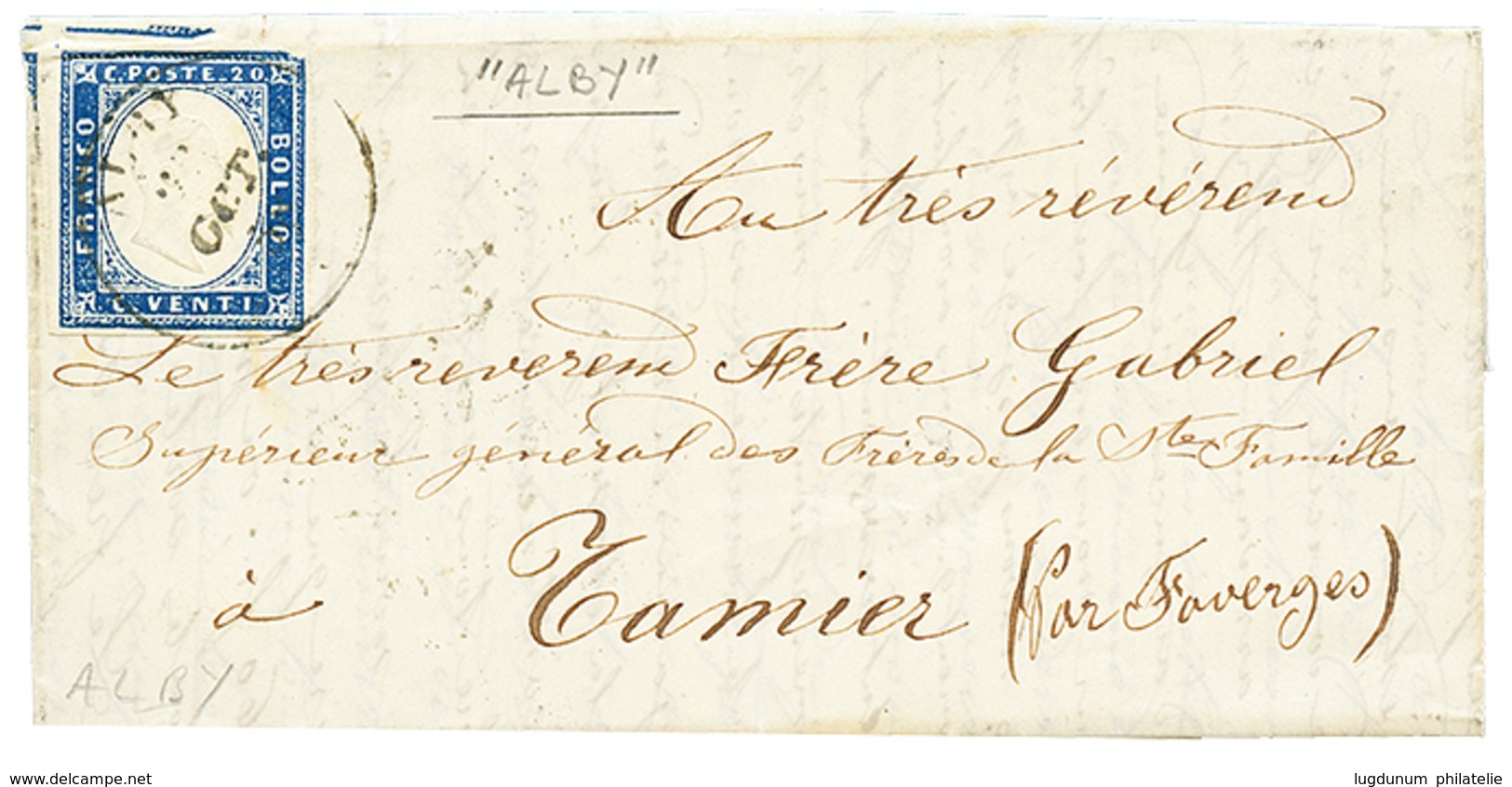 54 "ALBY" : 1858 SARDAIGNE 20c(pd) Obl. Cachet Sarde Rarissime ALBY Sur Lettre Avec Texte Pour TAMIER. GRANDE RARETE De  - Vide