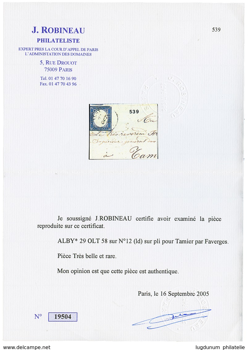 54 "ALBY" : 1858 SARDAIGNE 20c(pd) Obl. Cachet Sarde Rarissime ALBY Sur Lettre Avec Texte Pour TAMIER. GRANDE RARETE De  - Vide