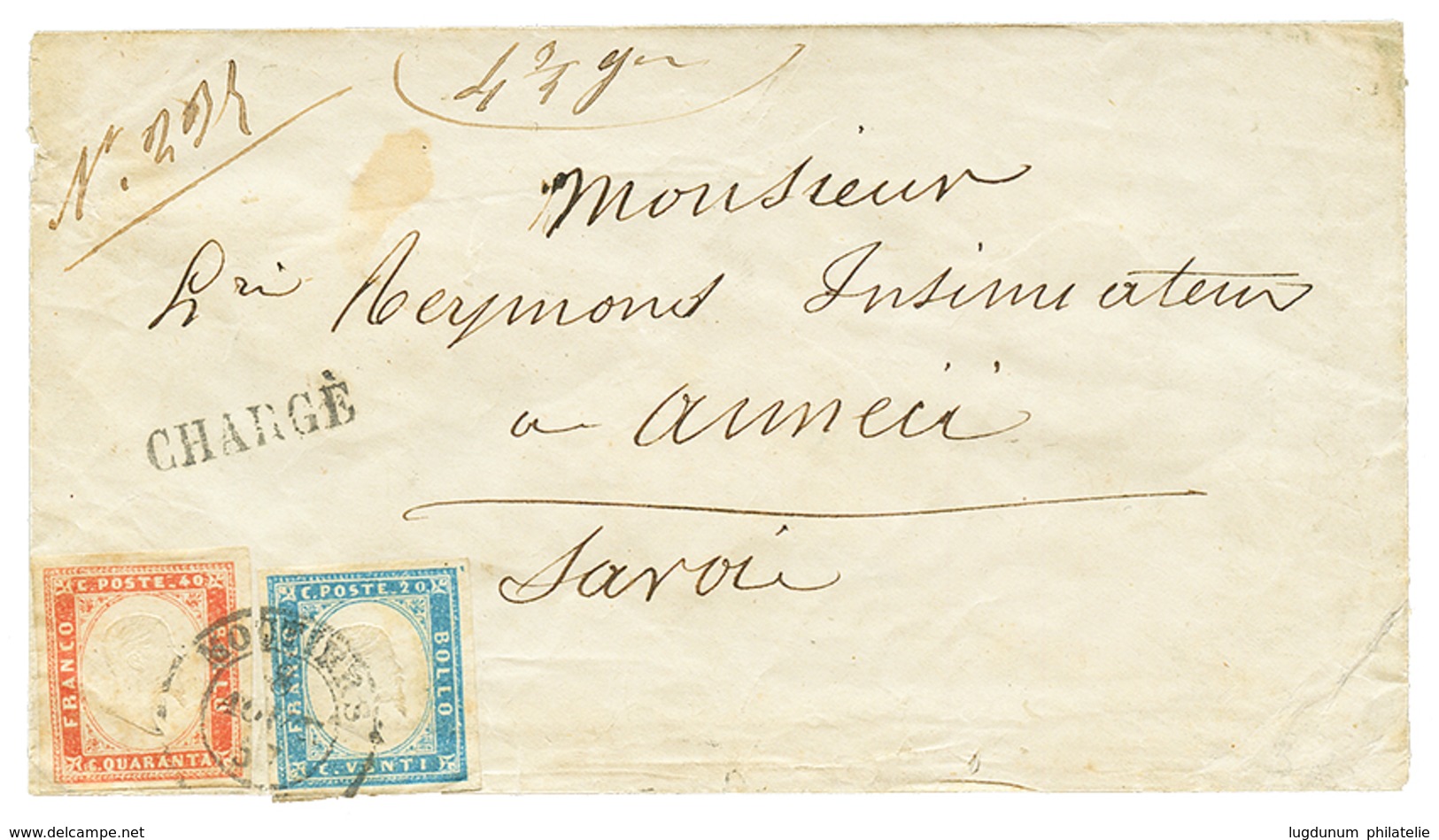 58 MOUTIERS : 1857 SARDAIGNE 20c + 40c Obl. MOUTIERS + CHARGE Sur Enveloppe Pour ANNECY. Très Rare En CHARGE. TTB. - Vide