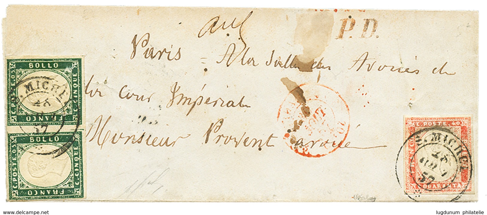 63 1857 SARDAIGNE Paire 5c Vert Fonçé TB Margé + 40c TTB Margé Obl. S. MICHEL Sur Enveloppe Pour PARIS. Signé CALVES & B - Vide