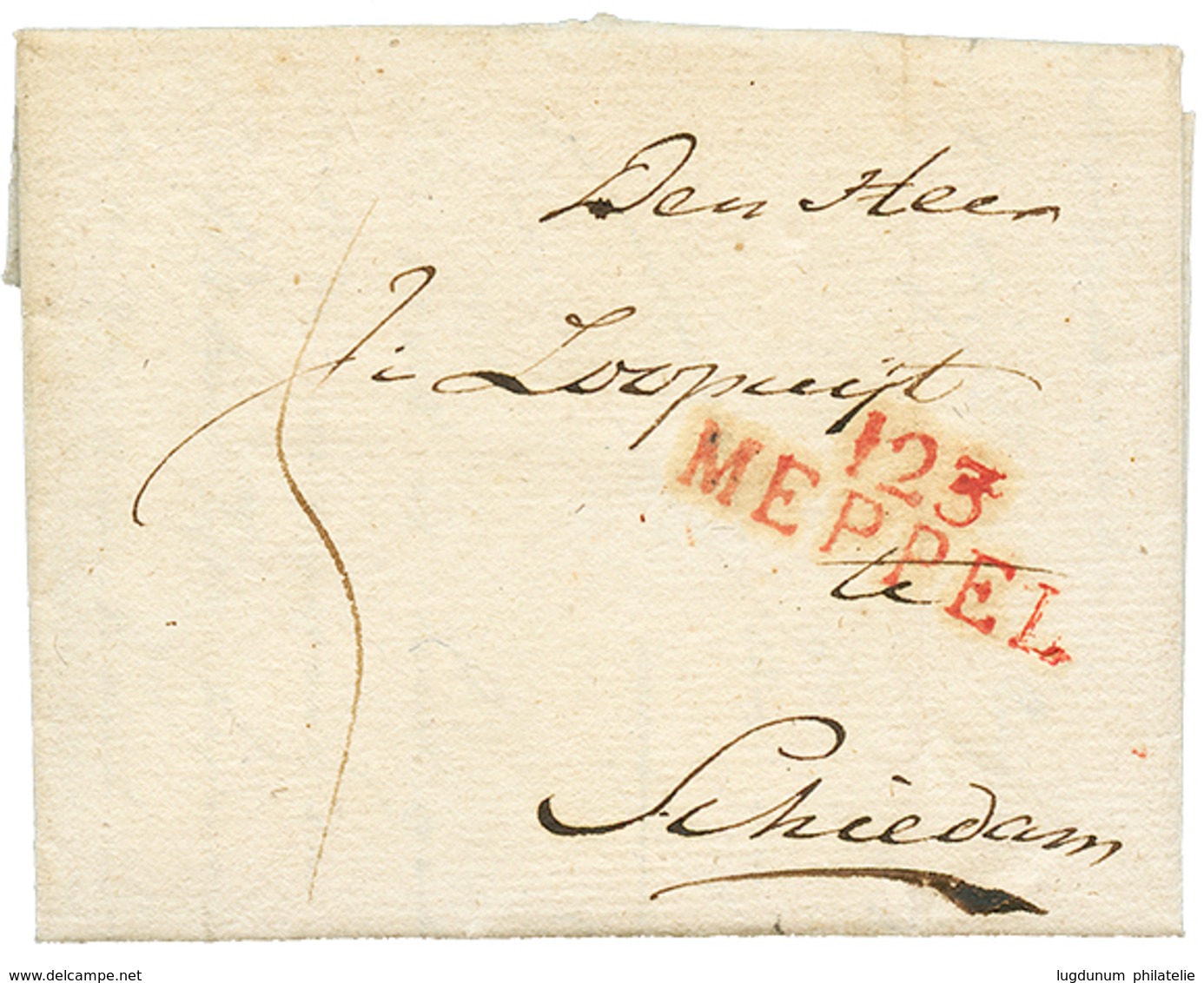 68 1811 123 MEPPEL Rouge Sur Lettre Avec Texte Pour SCIEDAM. Rare En Rouge. Superbe. - 1792-1815: Départements Conquis