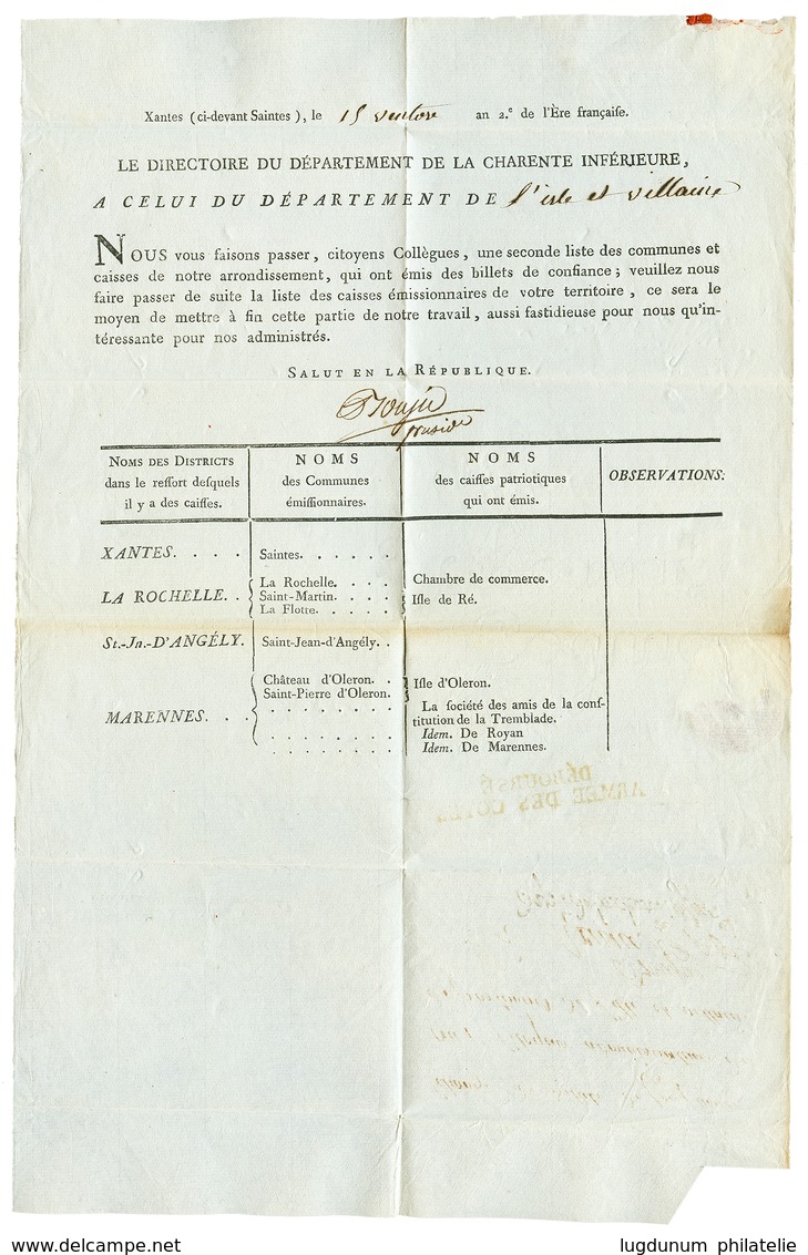 72 An 2 DEBOURSE ARMEE DES COTES Au Verso D'une Lettre Avec Texte Daté "XANTES (ci Devant SAINTES). RARE. Superbe. - Army Postmarks (before 1900)