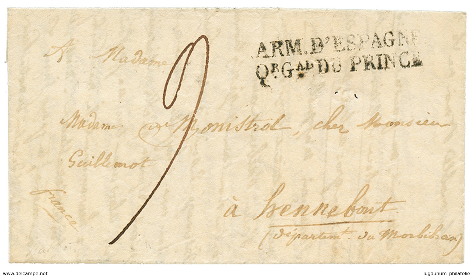 77 1823 Cachet Rarissime ARM. D' ESPAGNE / Qr Gal DU PRINE Sur Lettre Avec Texte Daté "VITORIA 17 Avril 1823" Pour La FR - Army Postmarks (before 1900)