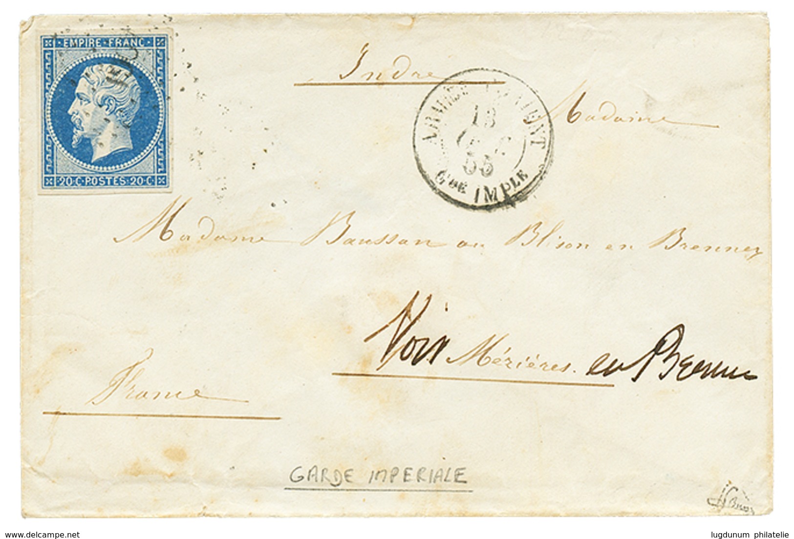 81 "GARDE IMERIALE" : 1855 20c(n°14) TB Margé Obl. AOGI + ARMEE D' ORIENT Gde IMPle Sur Enveloppe Pour La FRANCE. RARE.  - Armeestempel (vor 1900)