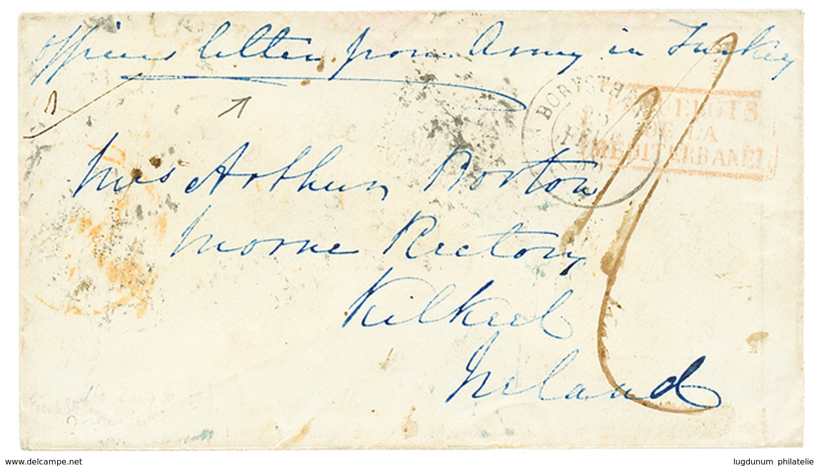 82 GUERRE DE CRIMEE : 1856 Cachet Paquebot BORYSTHENE + "OFFICIER LETTER From ARMY IN TURKEY" Sur Enveloppe Taxée Pour K - Bolli Militari (ante 1900)