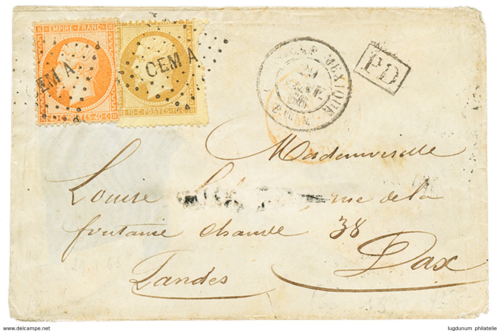 83 1866 10c(pd) + 40c Obl. CEMA + CORPS EXP. MEXIQUE Bau A Sur Envelope(pd) Pour La FRANCE. TB. - Armeestempel (vor 1900)