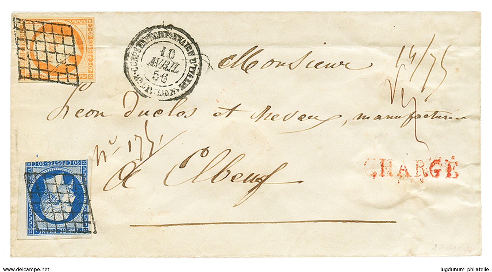 85 "Lettre CHARGEE Du CORPS EXPEDITIONNAIRE D' ITALIE" : 1856 20c + 40c Obl. GRILLE + CORPS EXPEDITIONNAIRE D' ITALIE 2e - Armeestempel (vor 1900)